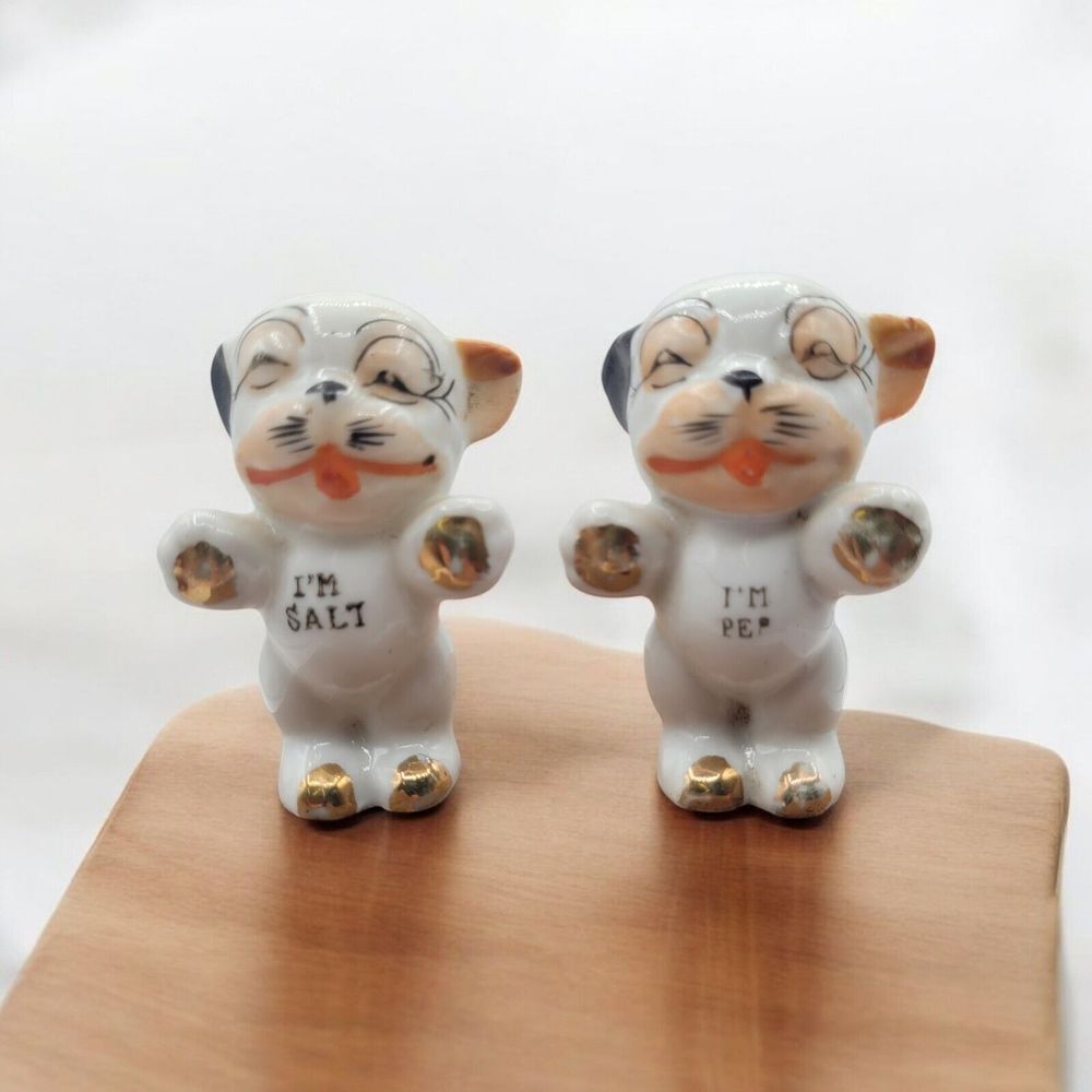 Vintage 50s MCM JAPAN Bonzo Dog "I'm Pep I'm Salt" Ceramic Salt Pepper Shakers